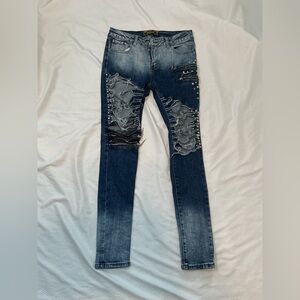 Ripped Skinny Jeans with Stud and Layered Patch Detail - Dark Blue